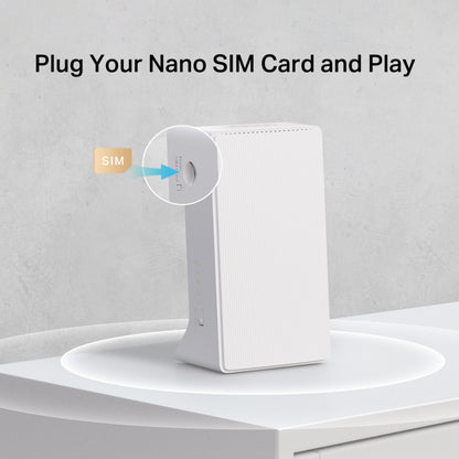 Mercusys MB230-4G AC1200 4G+ LTE Router hvid, tekst Plug Your Nano SIM Card and Play, SIM-slot grafik vises.