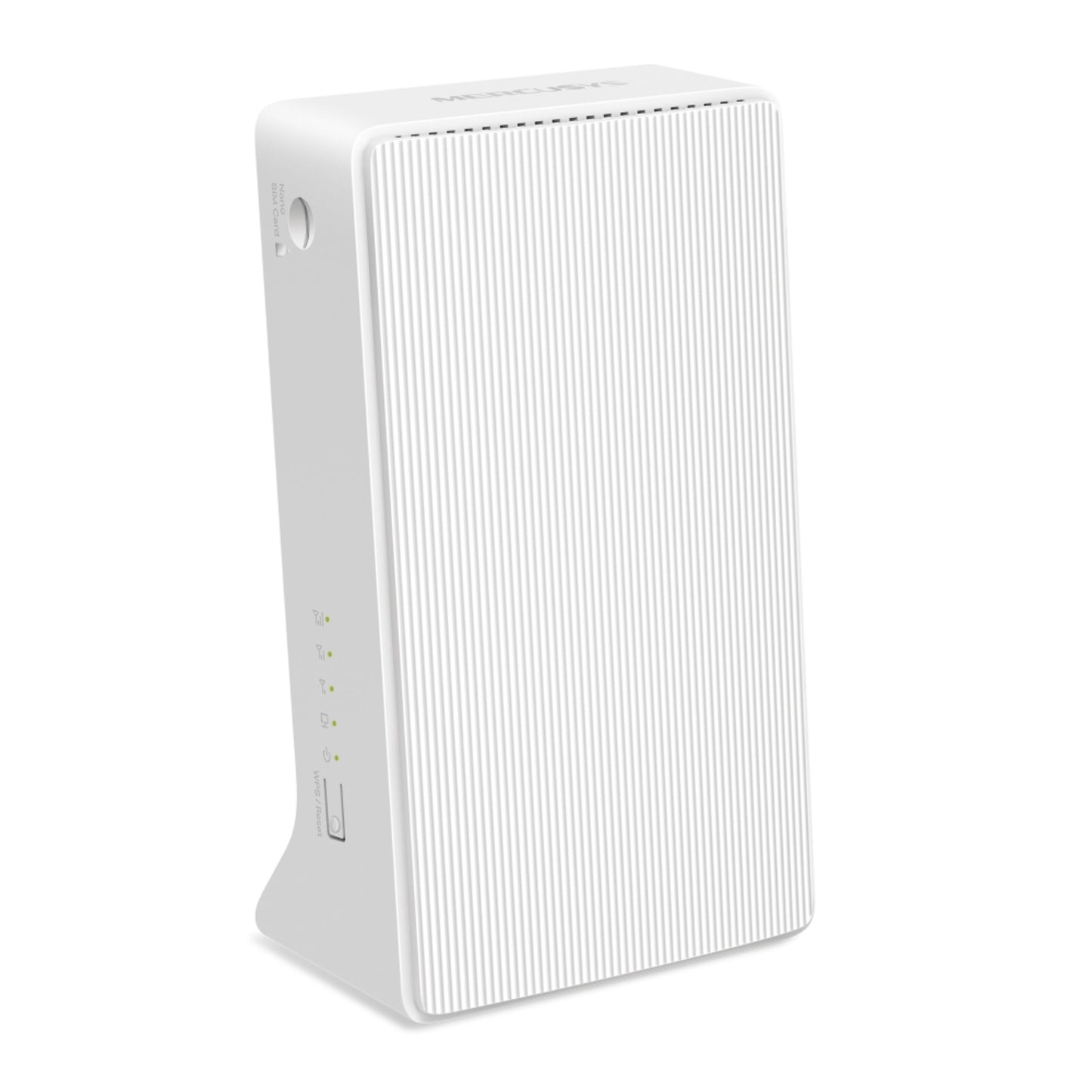 Mercusys MB130-4G AC1200 4G LTE router i hvid med indikatorlys, sideknapper og kompakt base.