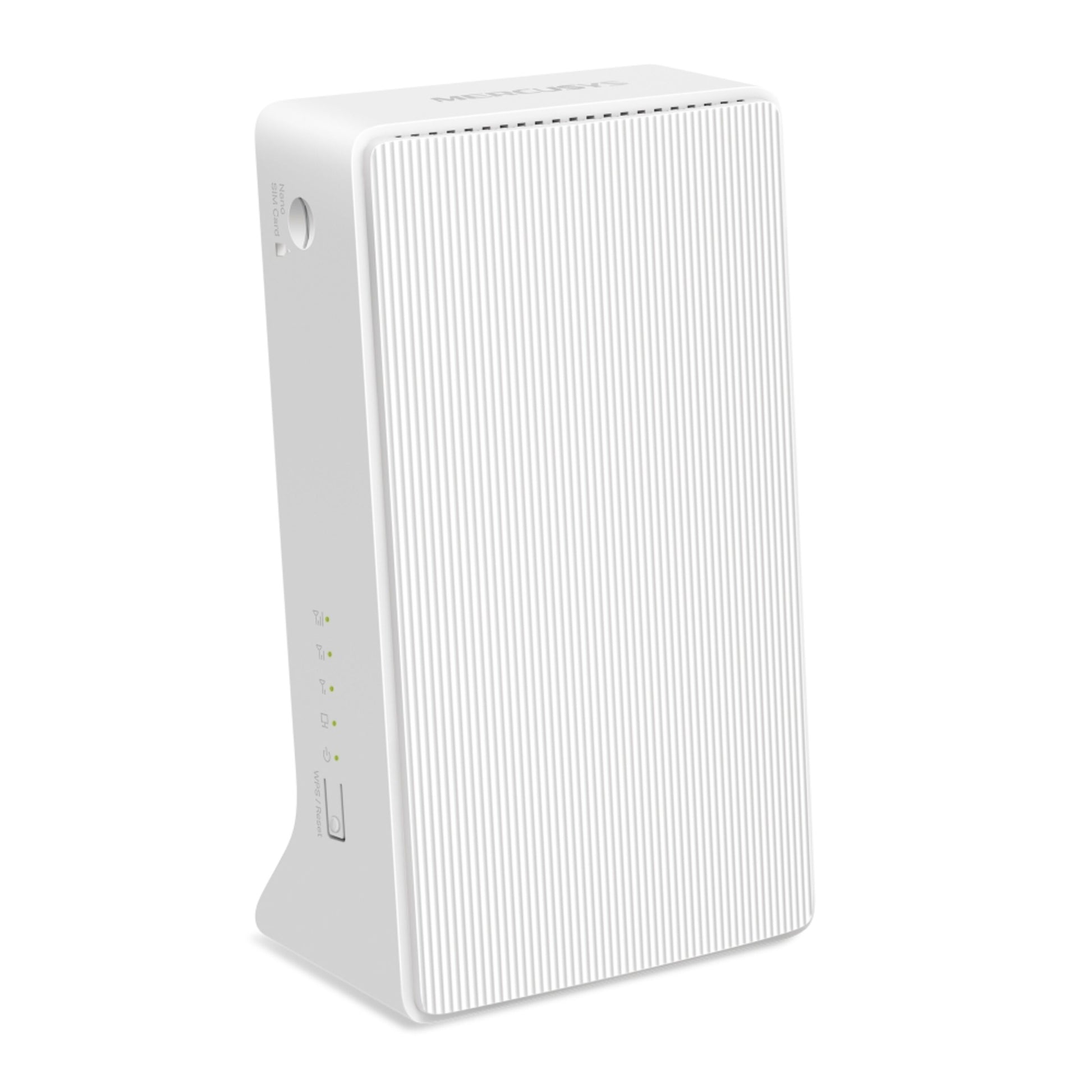 Mercusys MB130-4G AC1200 4G LTE router i hvid med indikatorlys, sideknapper og kompakt base.