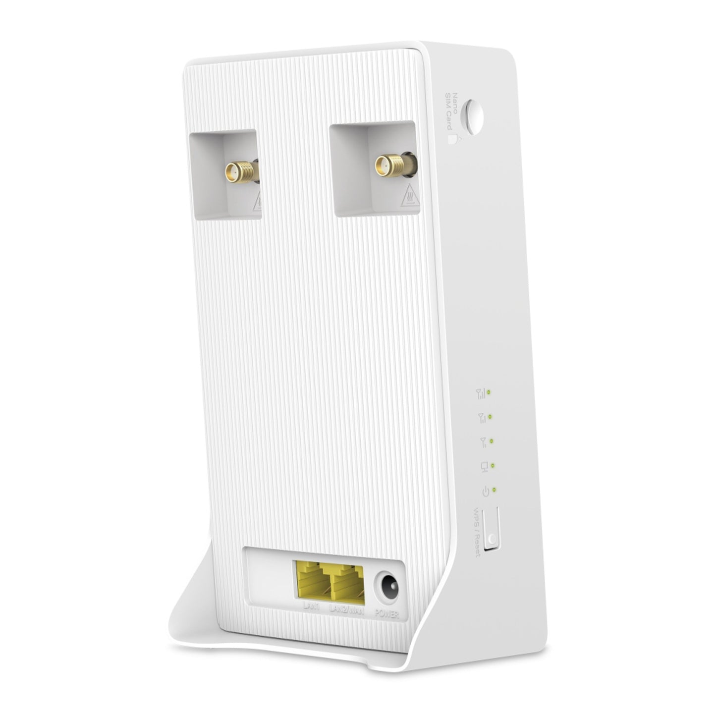 Mercusys MB130-4G AC1200 4G LTE router sæt bagfra med 2 coaxporte, 2 Ethernet-porte, strømstik, LED og sideknap.
