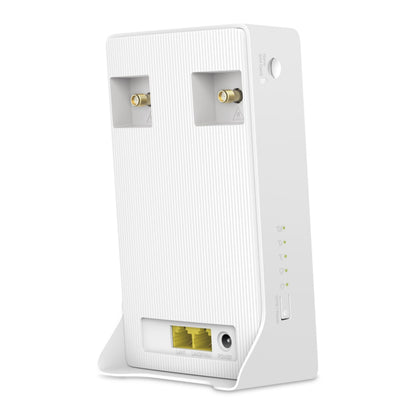 Mercusys MB130-4G AC1200 4G LTE router sæt bagfra med 2 coaxporte, 2 Ethernet-porte, strømstik, LED og sideknap.