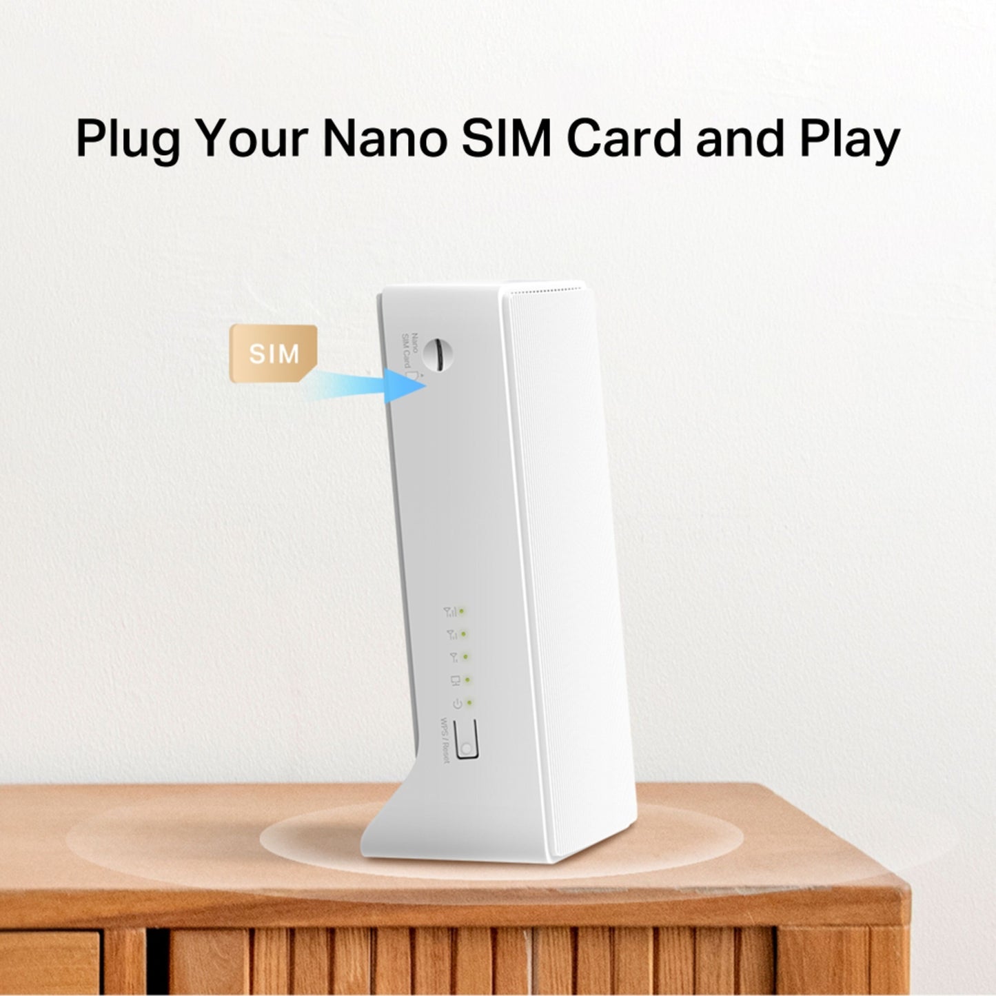 Mercusys MB130-4G AC1200 4G LTE router hvid, SIM-kort slot markeret, tekst: Sæt dit nano-SIM-kort i og spil.