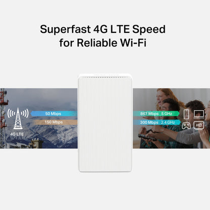 Mercusys MB130-4G AC1200 4G LTE router hvid med 4G LTE hastigheder, AC1200 WiFi og enheder vist på grafikken.