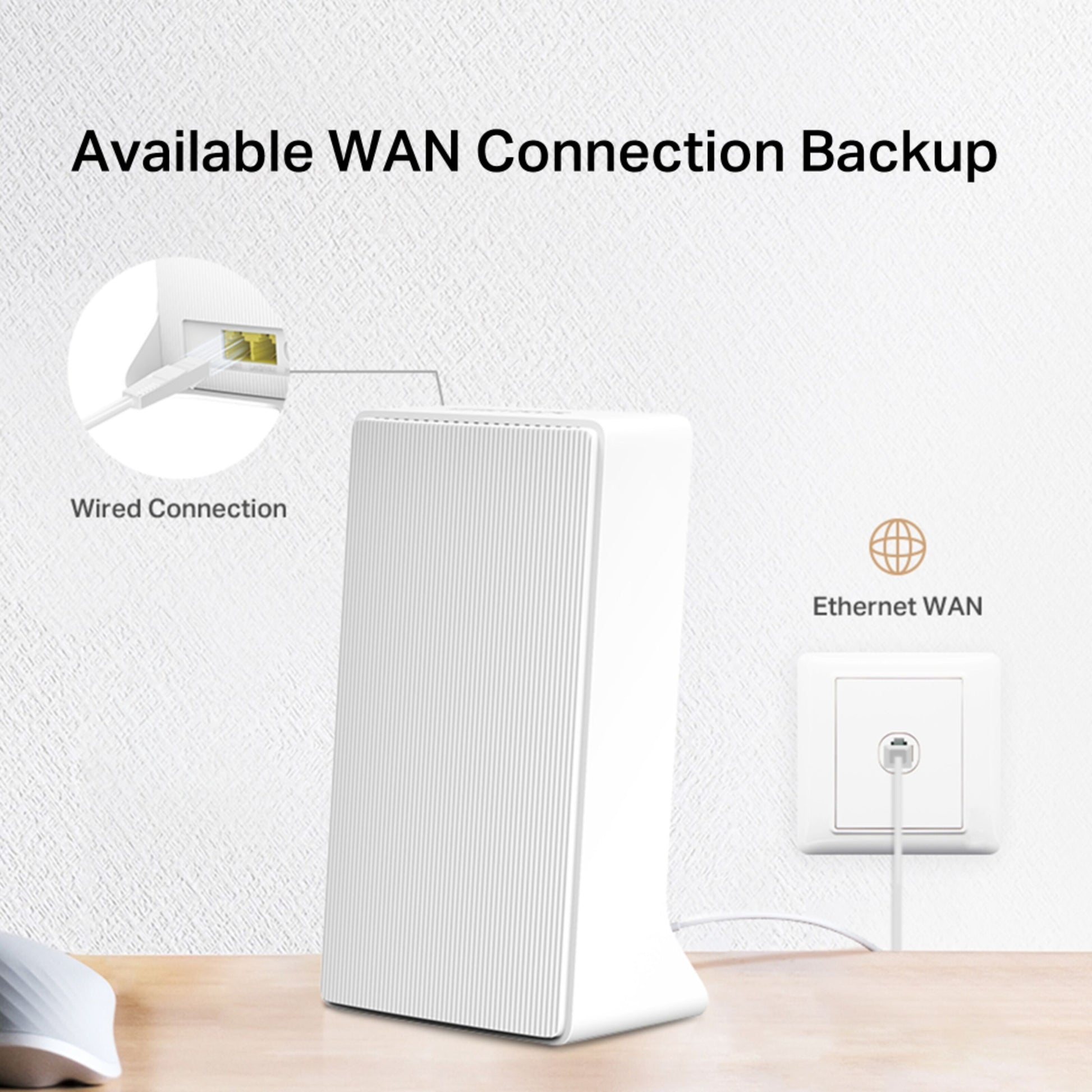 Mercusys MB130-4G AC1200 4G LTE Router med Ethernet WAN backup, mærket "Available WAN Connection Backup.