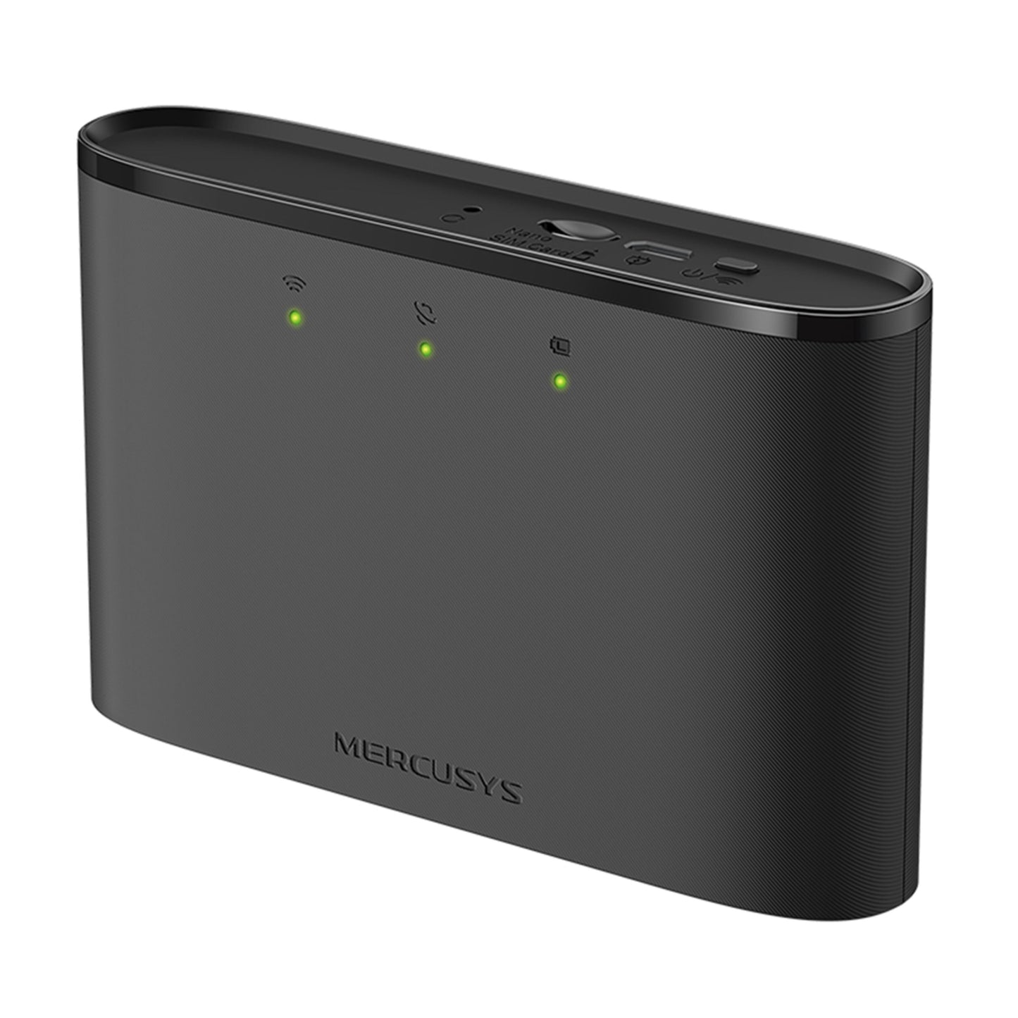 Mercusys MT110 4G LTE-router sort med modem, tre frontindikatorer, flere knapper og port på oversiden.