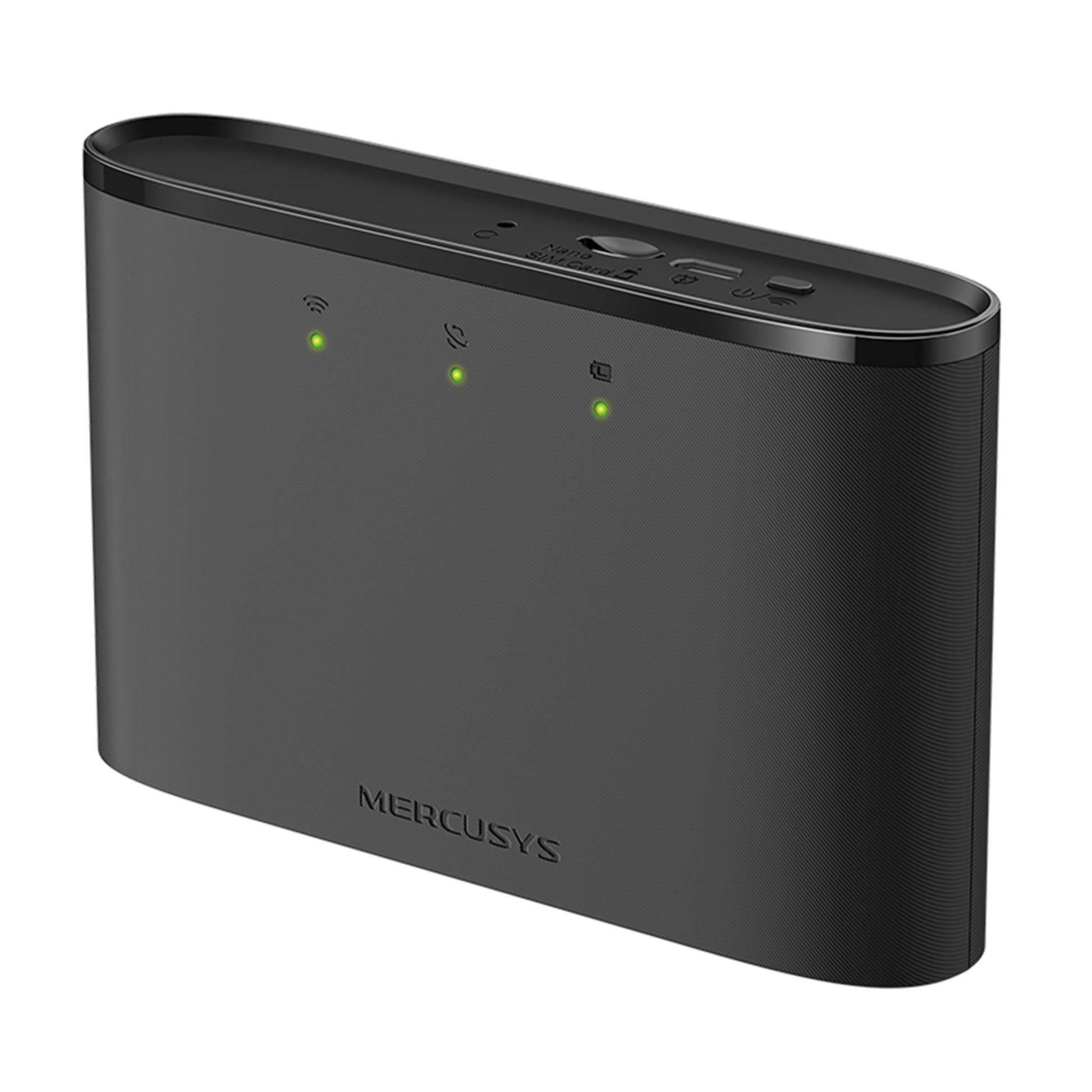 Mercusys MT110 4G LTE-router sort med modem, tre frontindikatorer, flere knapper og port på oversiden.