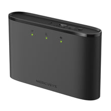 Mercusys MT110 4G LTE-router sort med modem, tre frontindikatorer, flere knapper og port på oversiden.