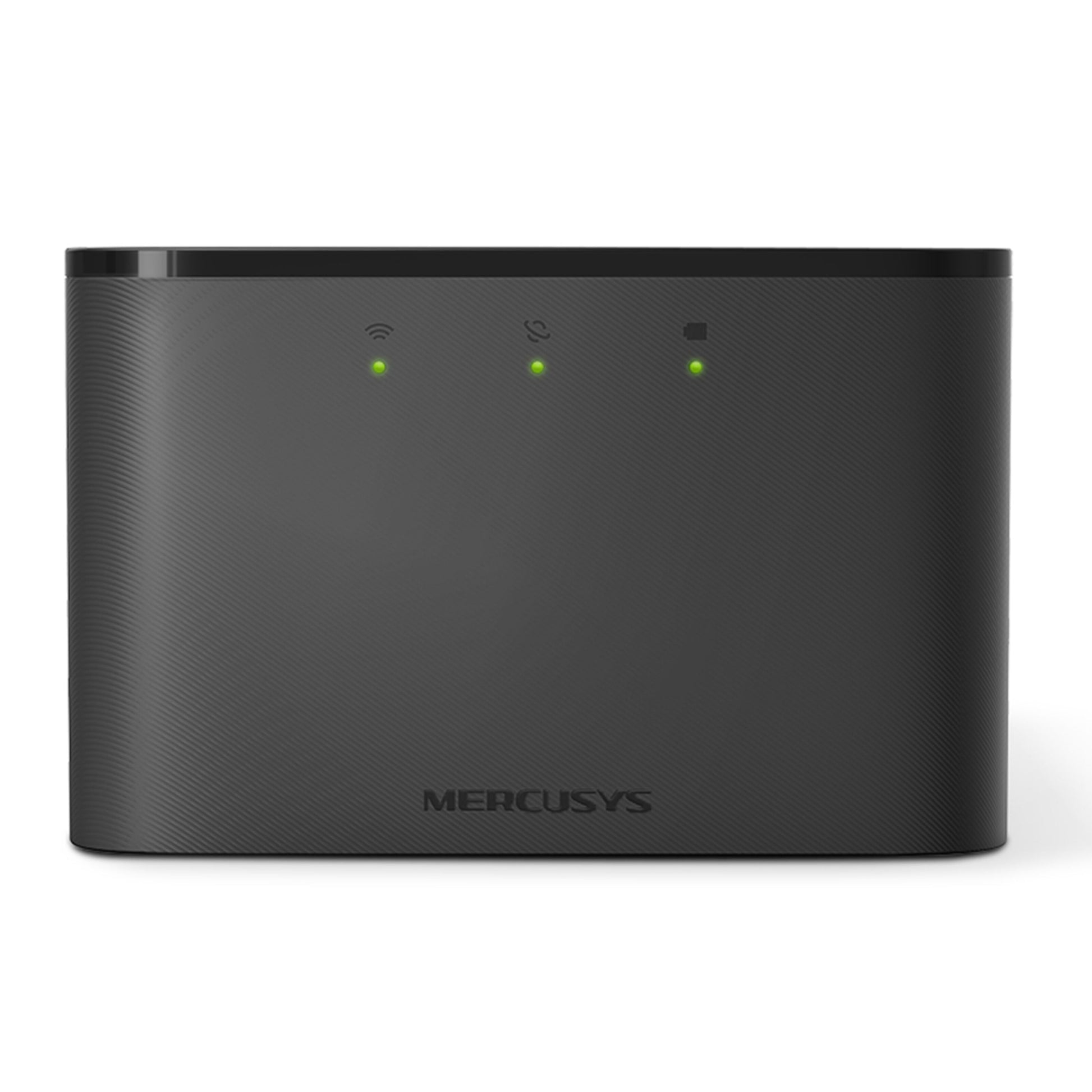 Mercusys MT110 4G LTE-router sort med modem, tre LED-indikatorer for strøm, internet og WiFi, diskret tekstur.