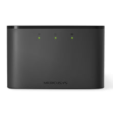 Mercusys MT110 4G LTE-router sort med modem, tre LED-indikatorer for strøm, internet og WiFi, diskret tekstur.