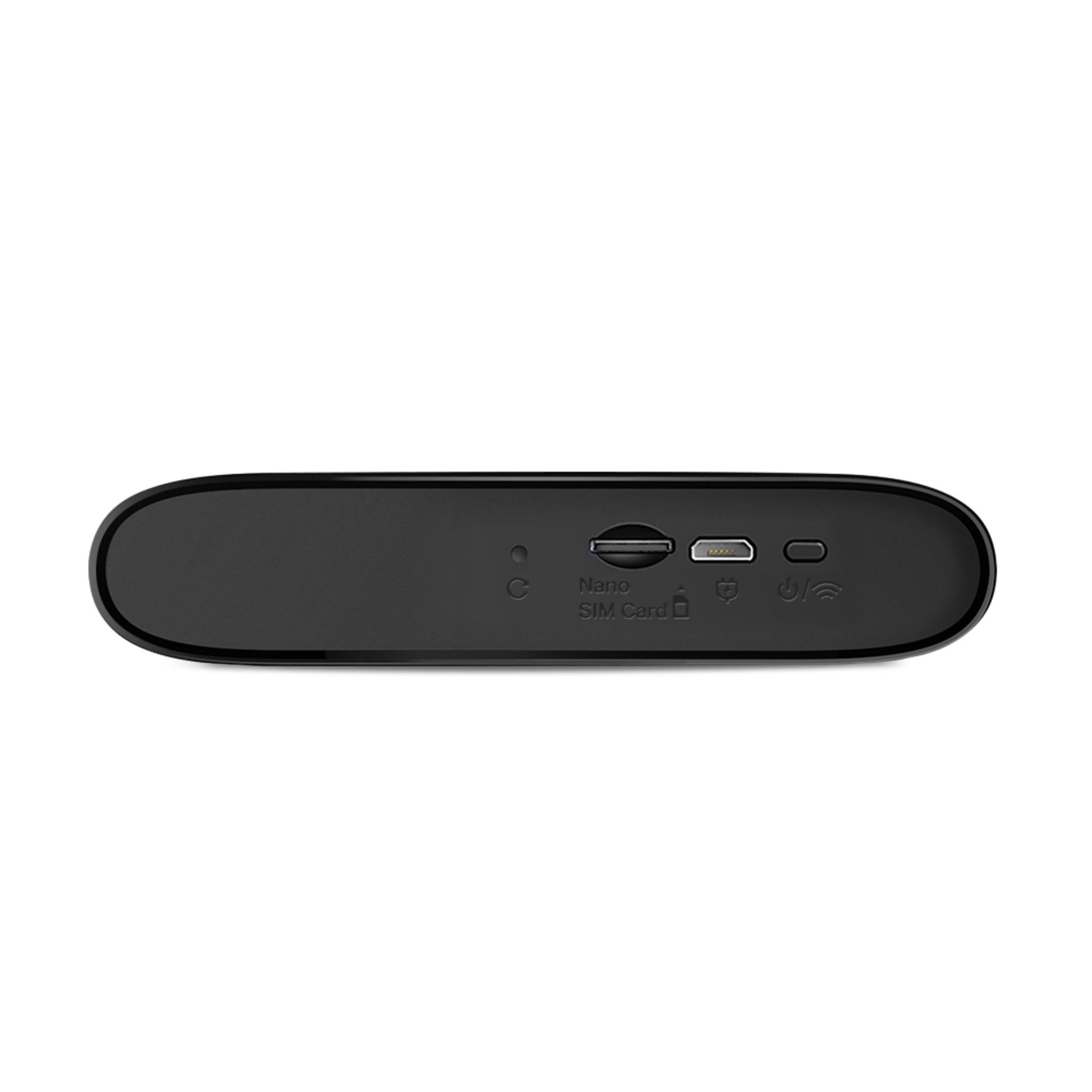 Mercusys MT110 sort 4G LTE-router med modem, bundvisning med nano SIM-slot, micro USB-port, reset og power/Wi-Fi-knap.