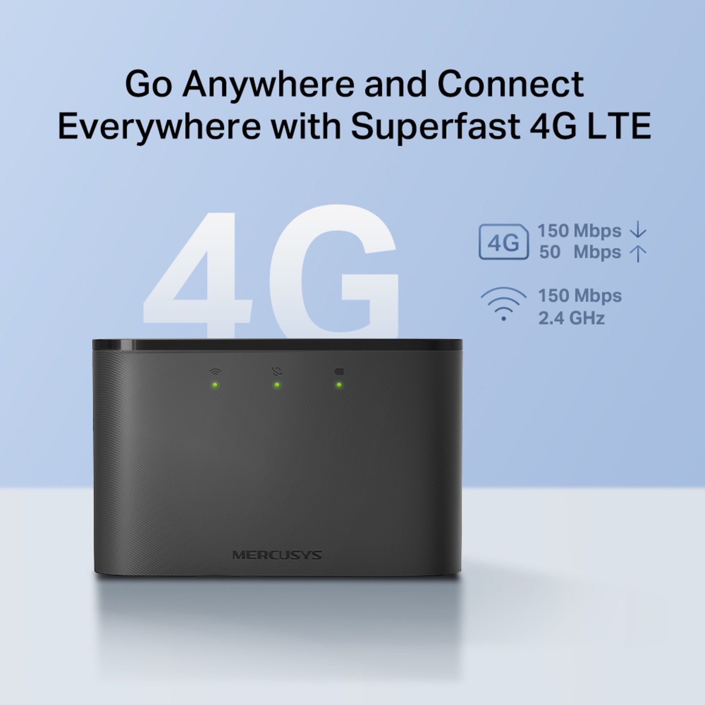 Mercusys MT110 4G LTE-router med modem, op til 150 Mbps download, 50 Mbps upload, stabil 2,4 GHz Wi-Fi.