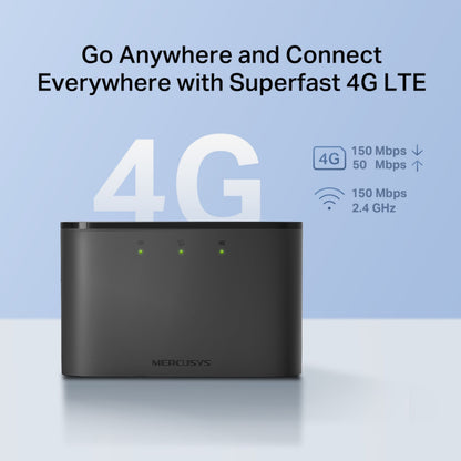 Mercusys MT110 4G LTE-router med modem, op til 150 Mbps download, 50 Mbps upload, stabil 2,4 GHz Wi-Fi.