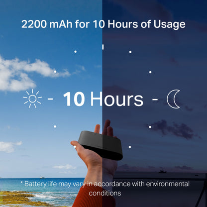Mercusys MT110 sort 4G LTE-router med modem, tekst: 2200 mAh op til 10 timers brug, mobil internetdeling.