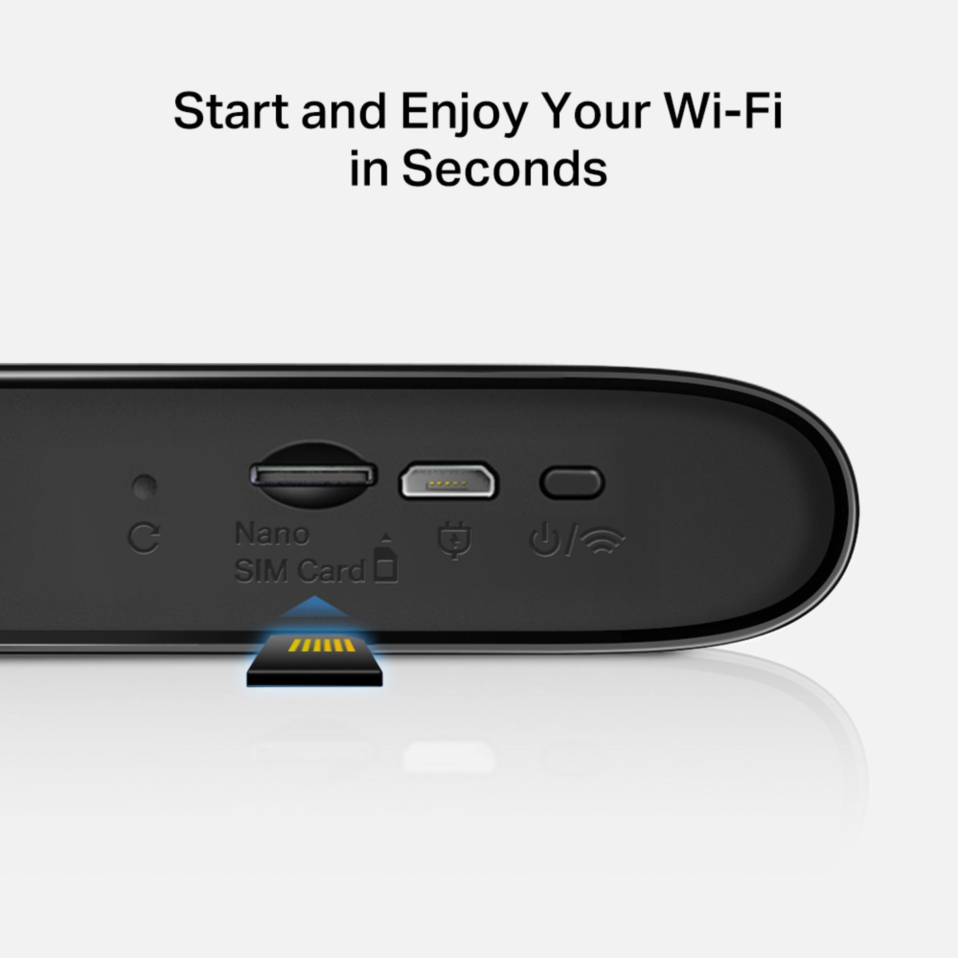 Mercusys MT110 4G LTE-router med modem, Nano SIM-slot, mikro-USB opladning, strøm/Wi-Fi-knap, sortering.