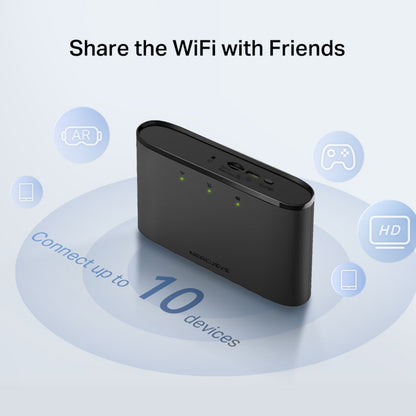 Mercusys MT110 sort 4G LTE-router med modem, tre indikatorlys, ikoner til AR/gaming/HD/mobil, tekst: Forbind op til 10 enheder.