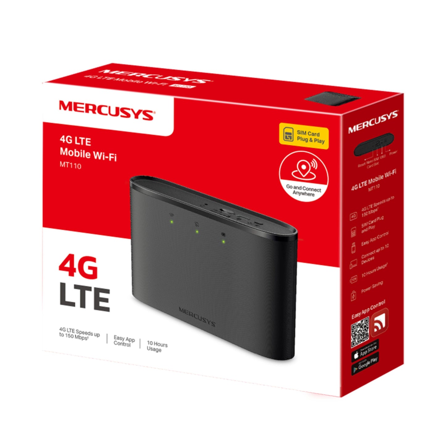 Mercusys MT110 4G LTE-router, rød/hvid æske, modem, SIM-slot, mobil internetdeling, op til 10 timers brug, 150 Mbps.