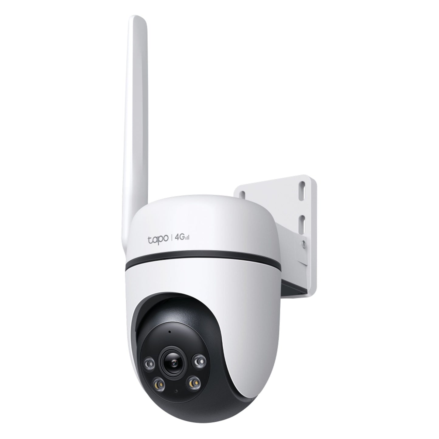 TP-Link Tapo C501GW udendørs 4G LTE kamera med sort linse, antenne, vægbeslag og infrarødt lys til natoptagelser.