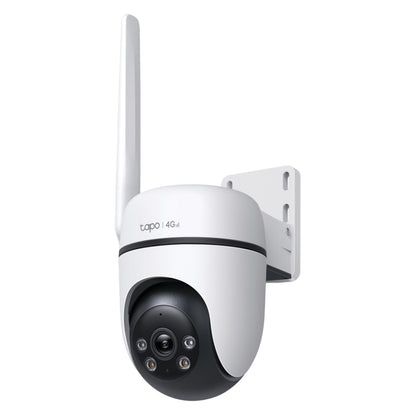 TP-Link Tapo C501GW udendørs 4G LTE kamera med sort linse, antenne, vægbeslag og infrarødt lys til natoptagelser.