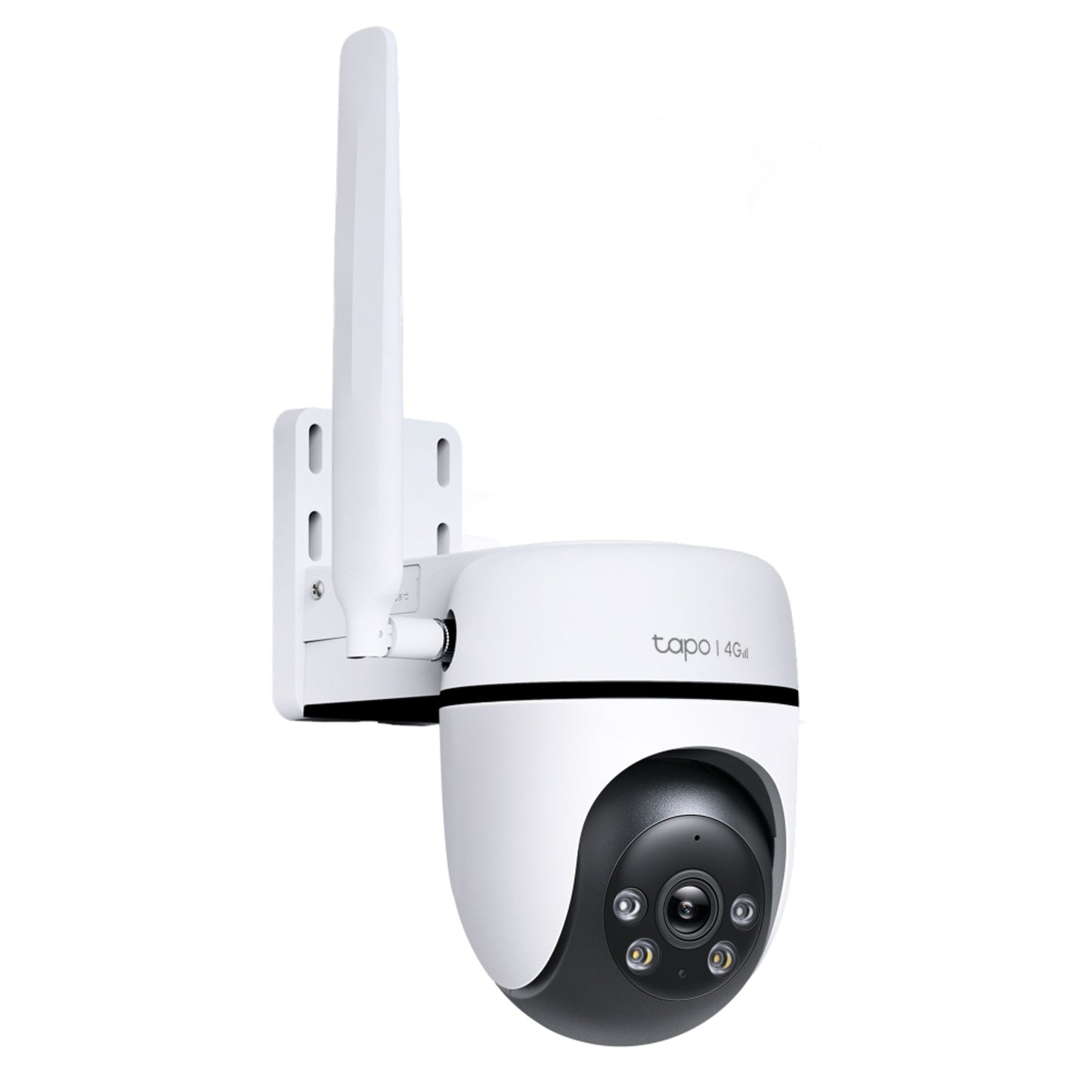 TP-Link Tapo C501GW udendørs 4G LTE kamera med antenne, vægbeslag, infrarøde LED'er omkring linsen.
