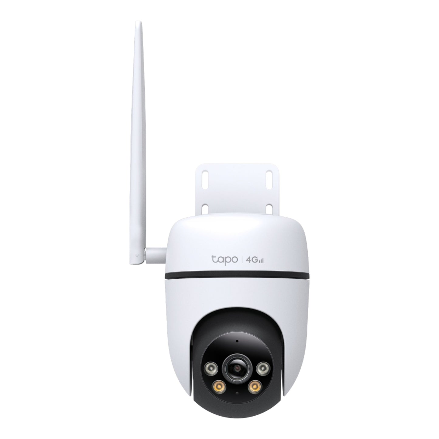 Tapo C501GW udendørs 4G LTE kamera, hvid med sort linsefelt, venstre antenne, beslag og "tapo | 4G" logo på fronten.