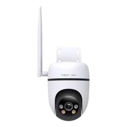 Tapo C501GW udendørs 4G LTE kamera, hvid med sort linsefelt, venstre antenne, beslag og "tapo | 4G" logo på fronten.