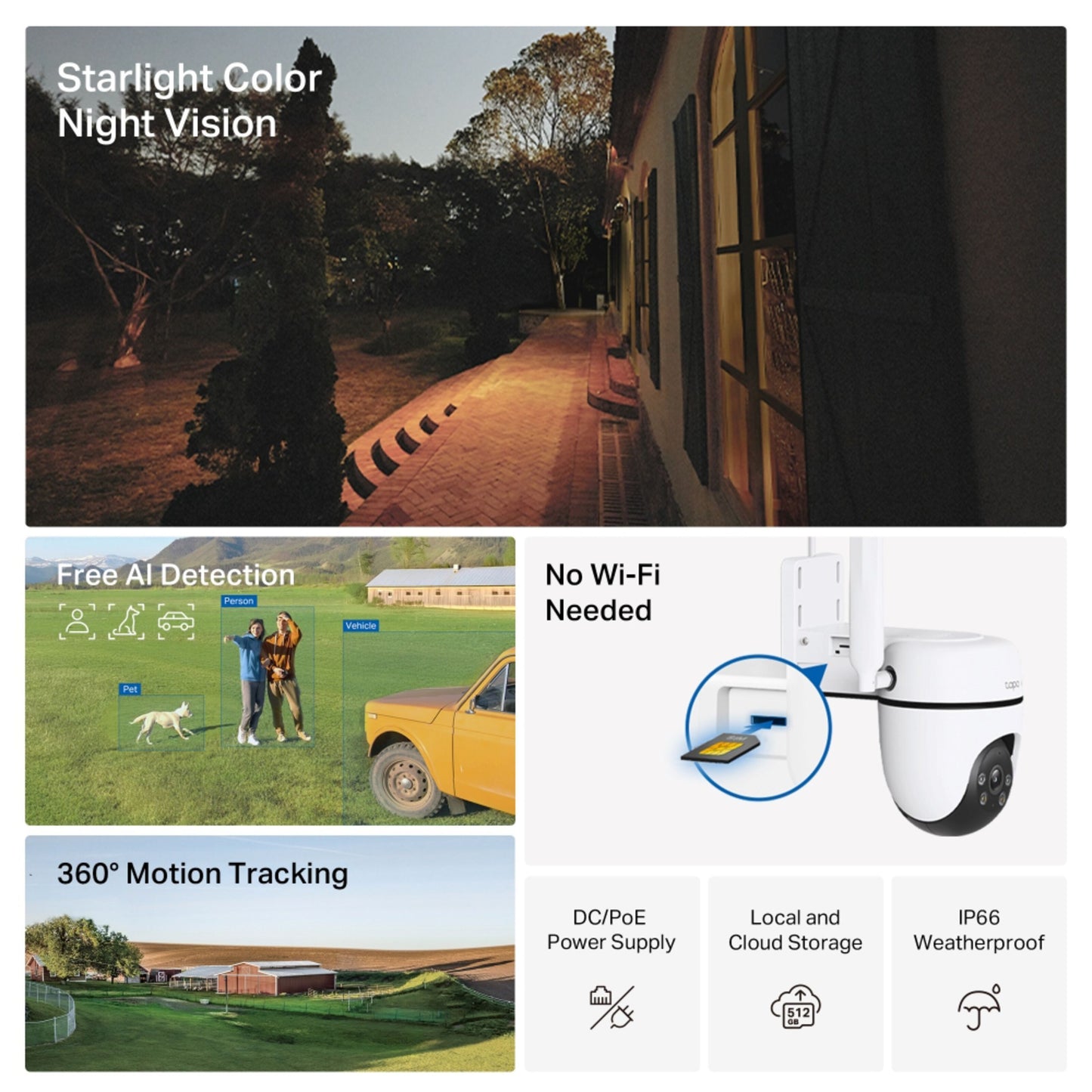 TP-Link Tapo C501GW udendørs 4G LTE kamera med starlight nattesyn, AI-detektion, 360° tracking, vejrbestandigt design.