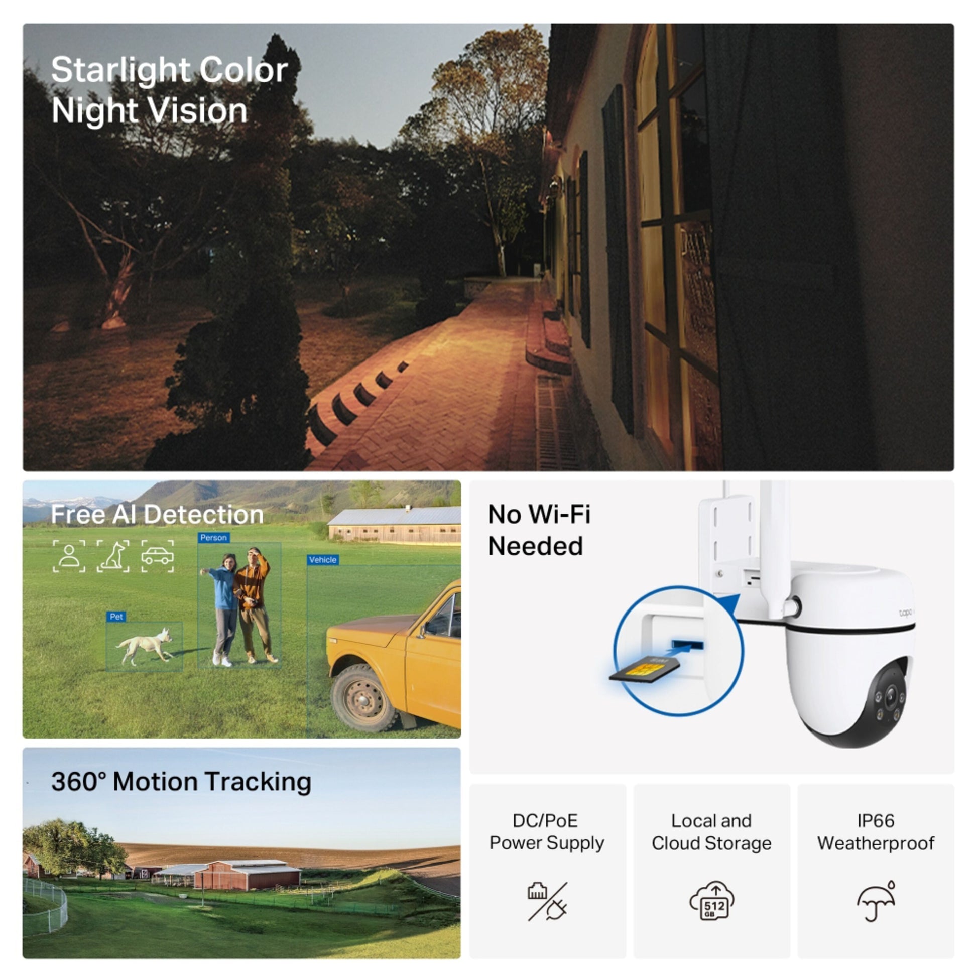 TP-Link Tapo C501GW udendørs 4G LTE kamera med starlight nattesyn, AI-detektion, 360° tracking, vejrbestandigt design.