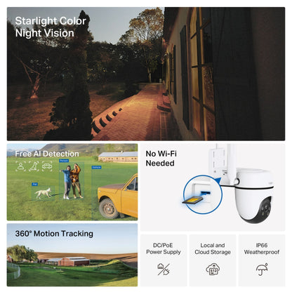 TP-Link Tapo C501GW udendørs 4G LTE kamera med starlight nattesyn, AI-detektion, 360° tracking, vejrbestandigt design.