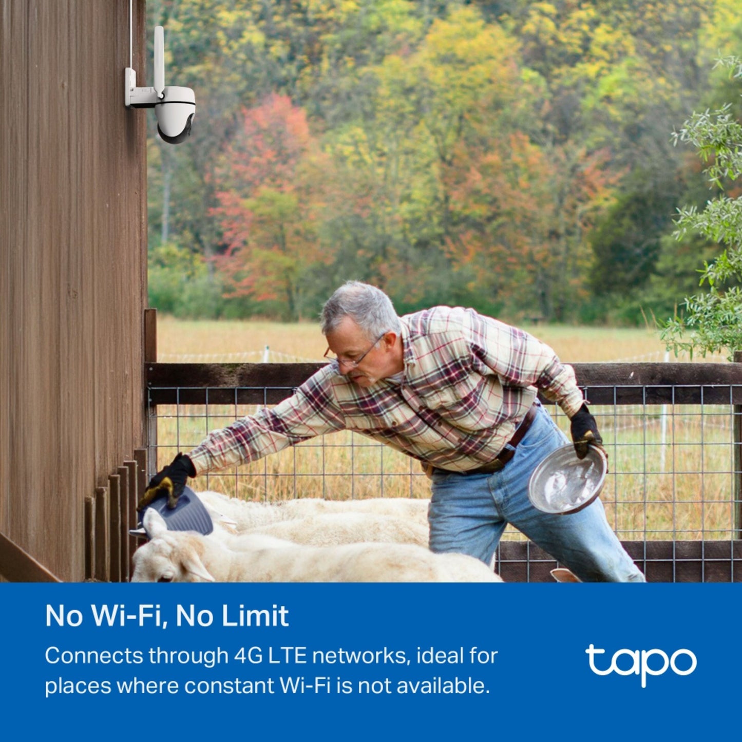 TP-Link Tapo C501GW udendørs 4G LTE kamera monteret på træbygning, tekst viser 4G LTE uden Wi-Fi.