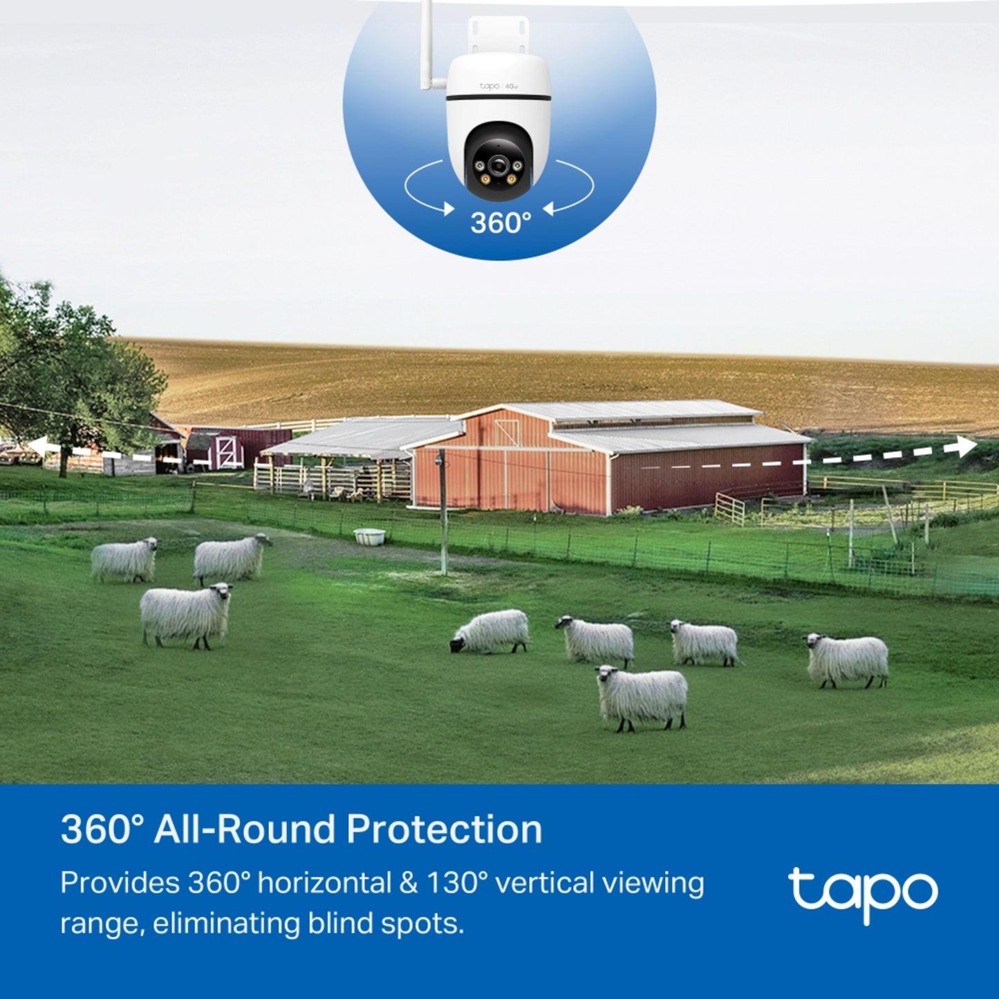 TP-Link Tapo C501GW udendørs 4G LTE kamera monteret over mark med får og rød lade, viser 360°/130° dækningsvinkel.