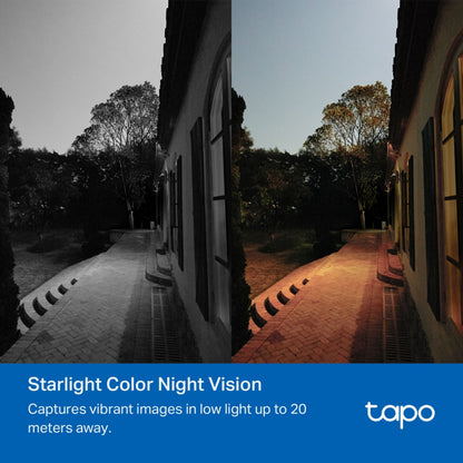 Tp-Link Tapo C501GW udendørs 4G LTE kamera viser nattesyn sammenligning sort/hvid vs Starlight Color Night Vision.