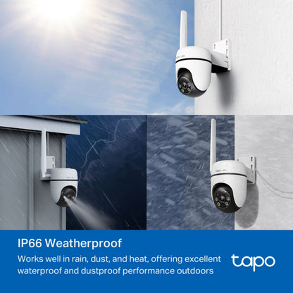 TP-Link Tapo C501GW udendørs 4G LTE kamera monteret i regn, blæst og sne, IP66 Weatherproof-banner for holdbarhed.