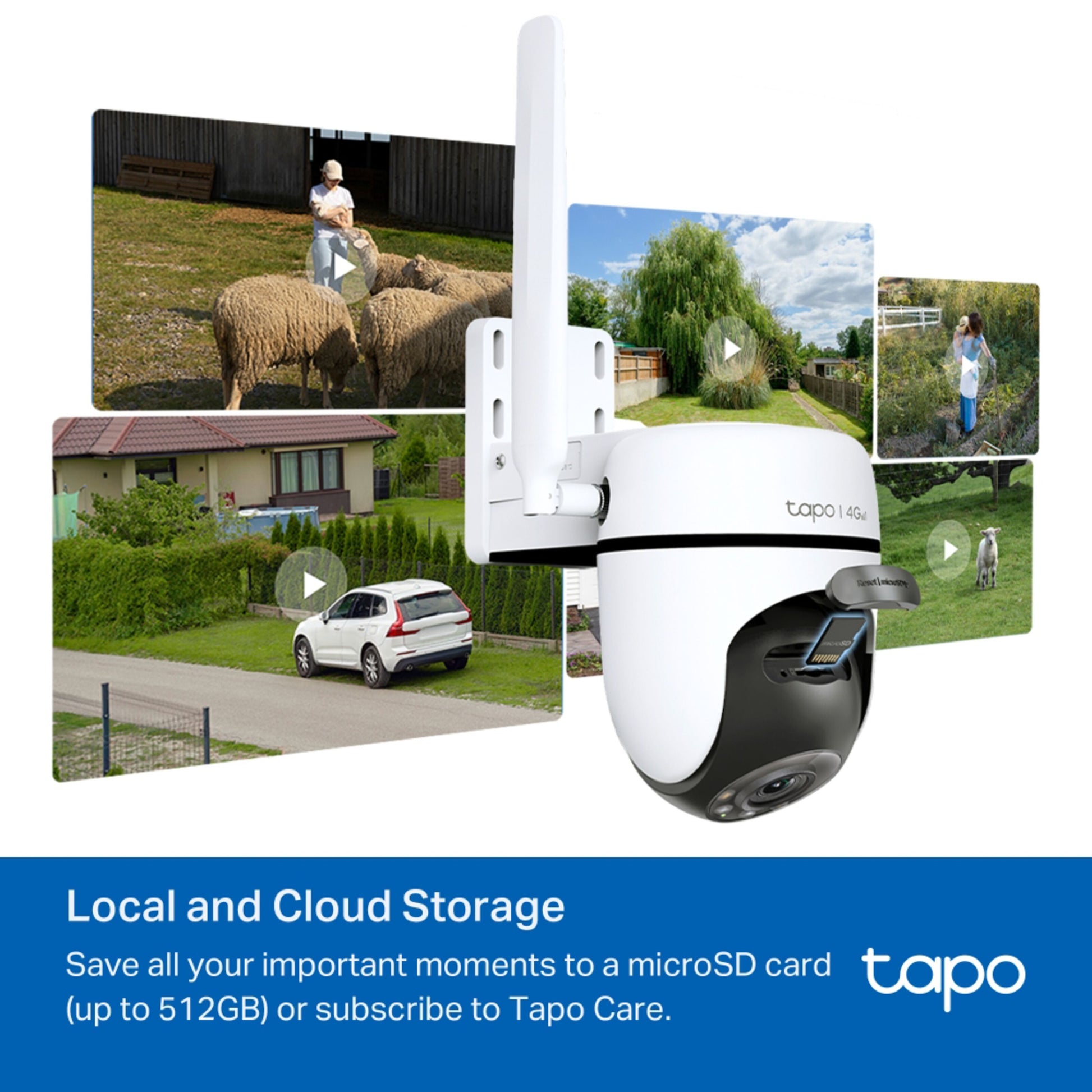 TP-Link Tapo C501GW udendørs 4G LTE kamera vises med lokal og cloud-lagring, app-overvågning af hjem og have.