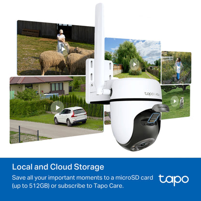 TP-Link Tapo C501GW udendørs 4G LTE kamera vises med lokal og cloud-lagring, app-overvågning af hjem og have.