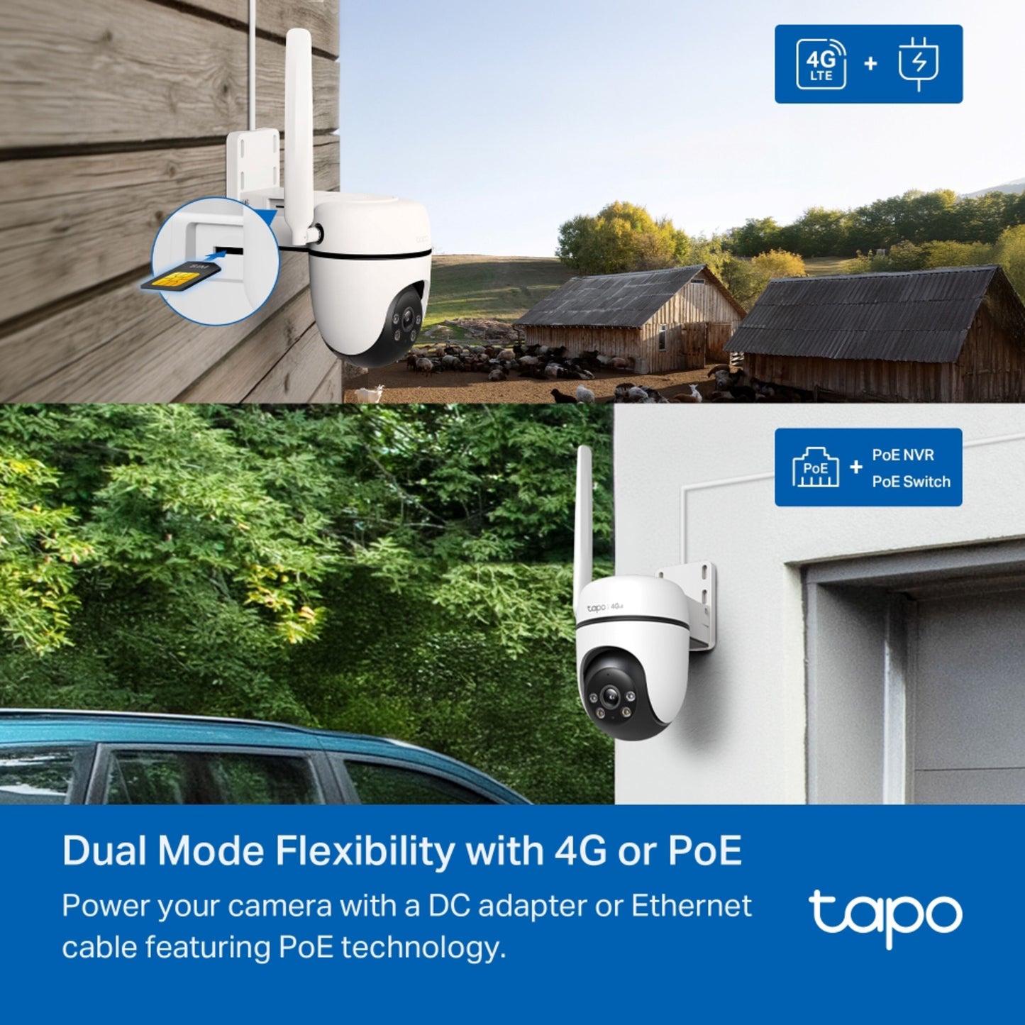 TP-Link Tapo C501GW udendørs 4G LTE kamera med PoE, DC-adapter og Ethernet-strøm, til montering på lade og garage.