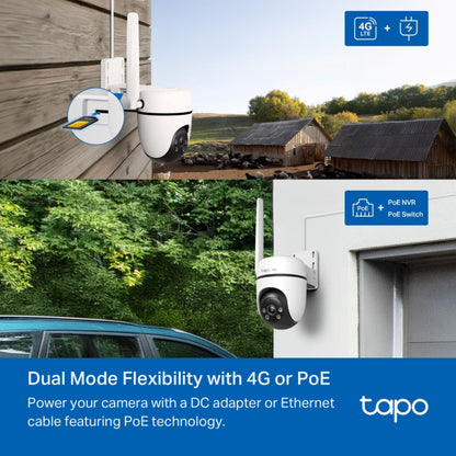 TP-Link Tapo C501GW udendørs 4G LTE kamera med PoE, DC-adapter og Ethernet-strøm, til montering på lade og garage.