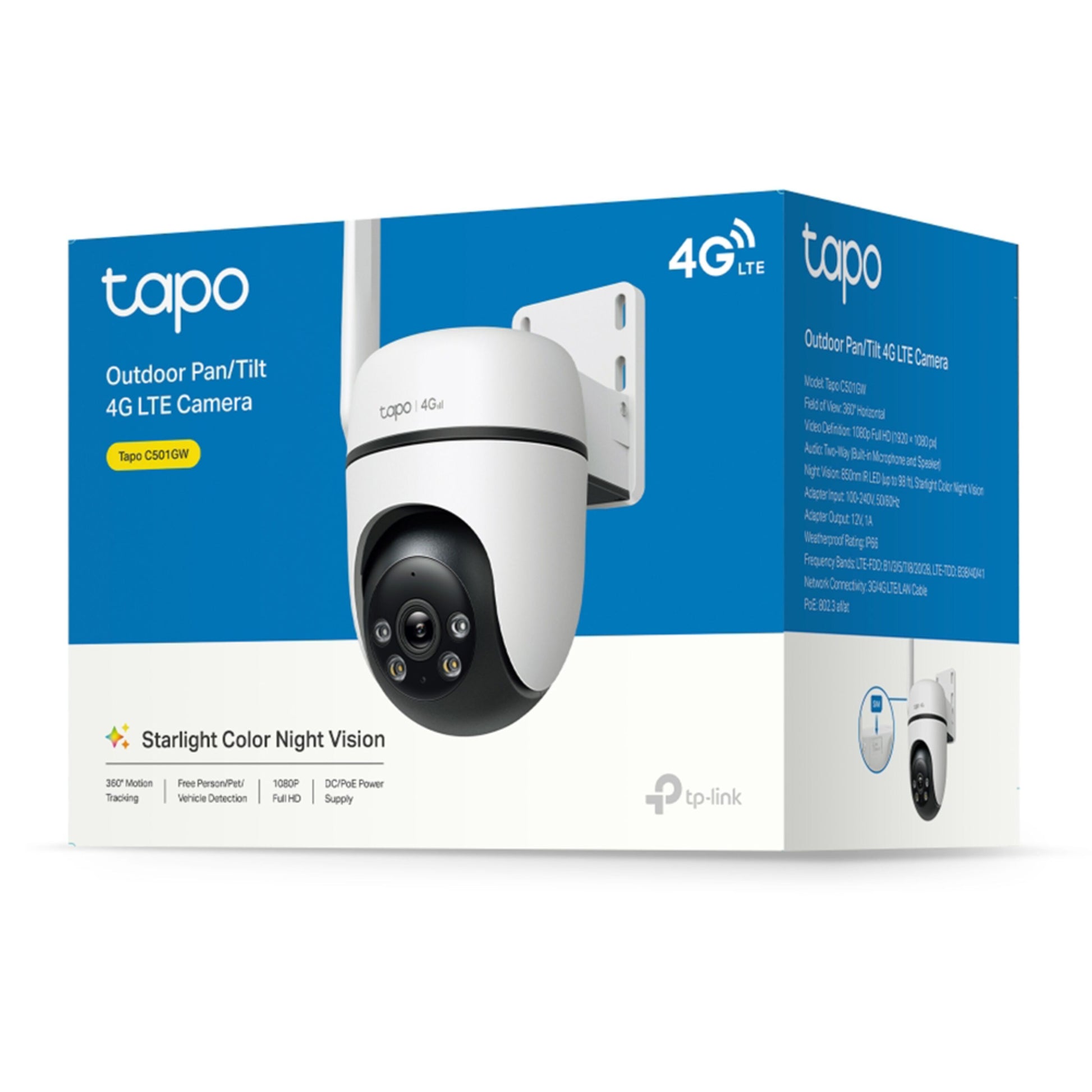 TP-Link Tapo C501GW udendørs 4G LTE kamera æske med 4G overvågning, starlight farvenatvision, 360° spor og 1080p HD.