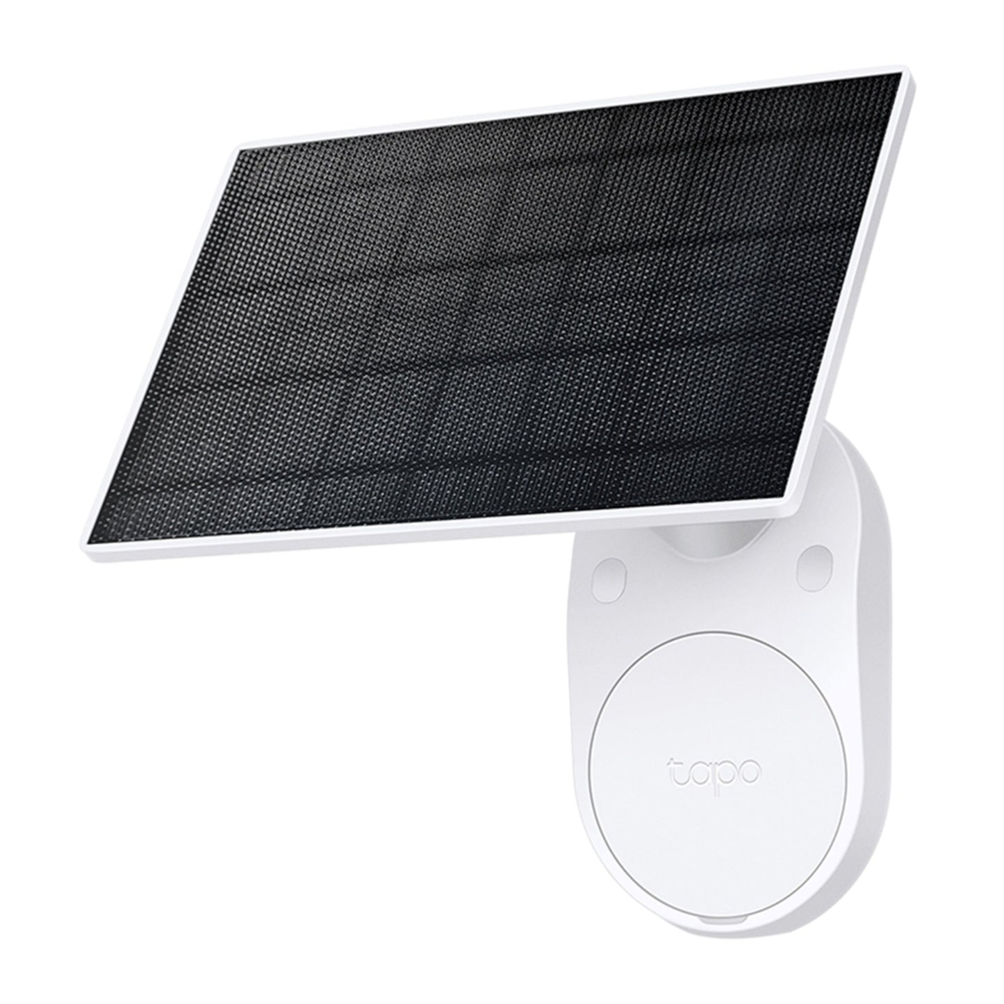 TP-Link Tapo A201 sort rektangulært solcellepanel med hvid ramme til overvågningskamera, monteret på hvidt vægbeslag.