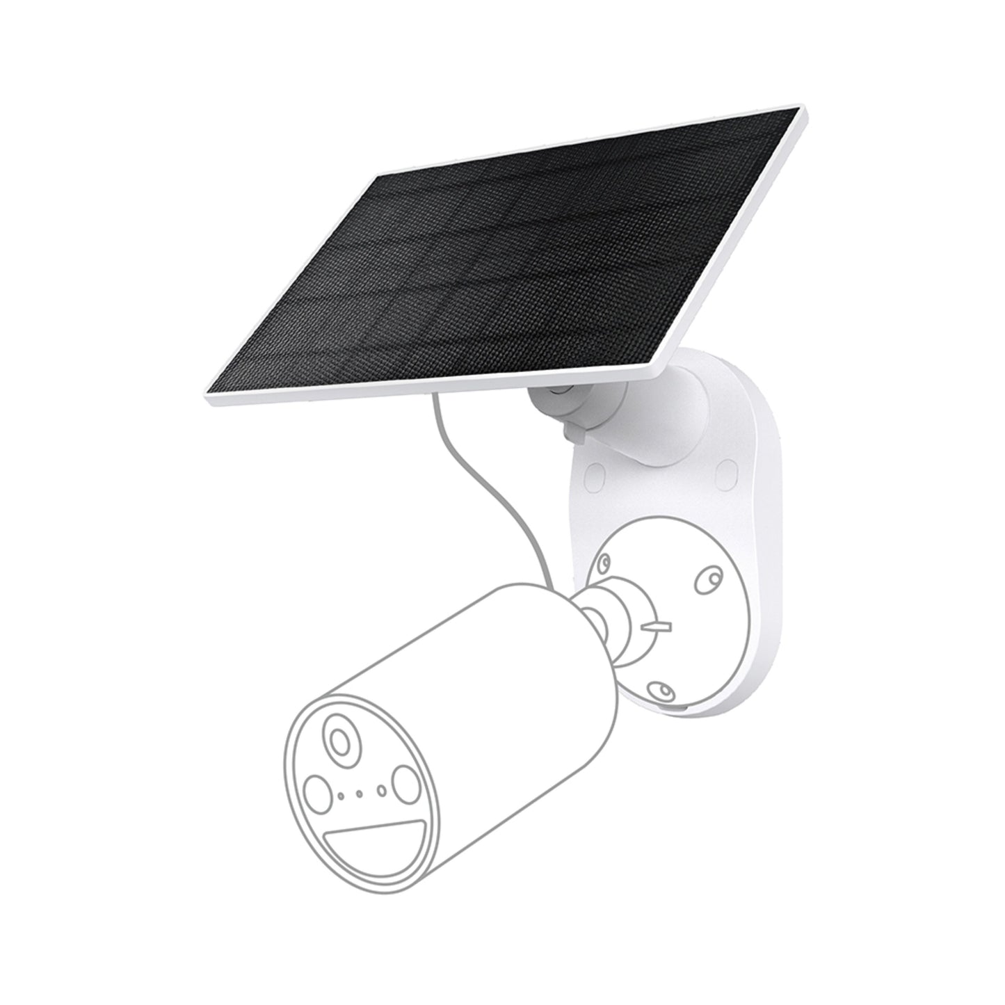 TP-Link Tapo A201 sort solcellepanel til kamera, monteret på hvidt vægbeslag med USB-C kabel til cylindrisk kamera.