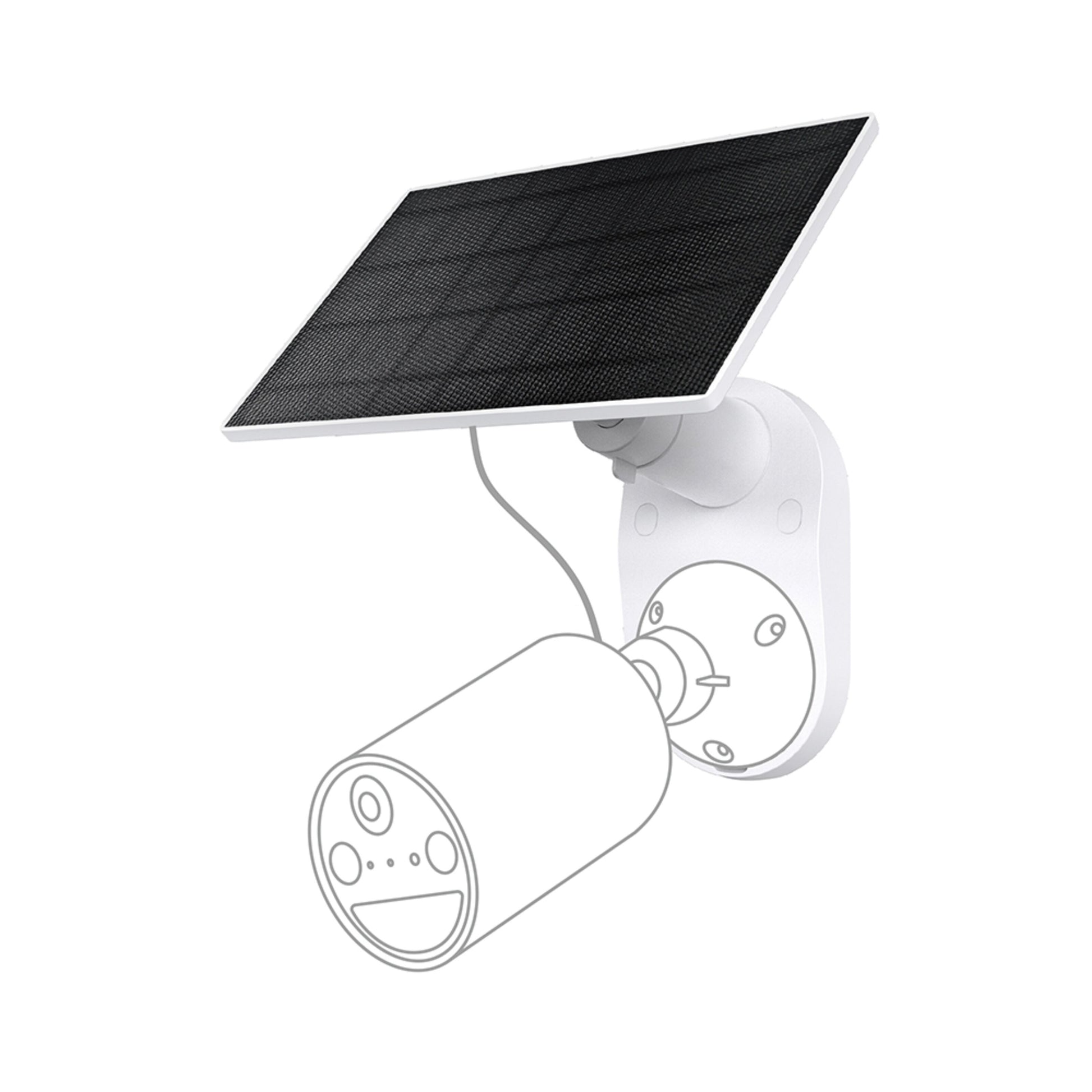 TP-Link Tapo A201 sort solcellepanel til kamera, monteret på hvidt vægbeslag med USB-C kabel til cylindrisk kamera.