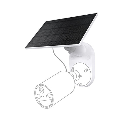 TP-Link Tapo A201 sort solcellepanel til kamera, monteret på hvidt vægbeslag med USB-C kabel til cylindrisk kamera.