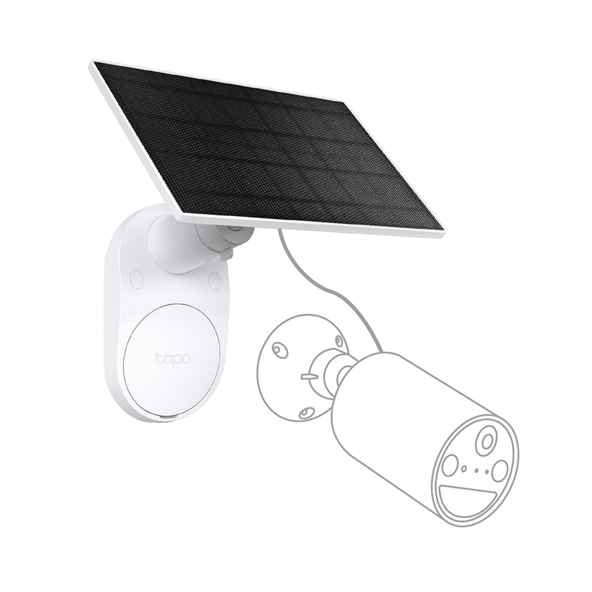 TP-Link Tapo A201 sort vægmonteret solcellepanel med ledning tilsluttet overvågningskamera.