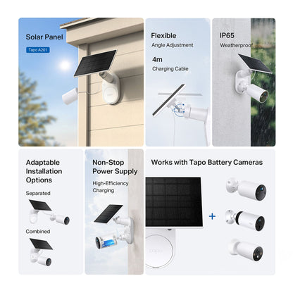 TP-Link Tapo A201 solcellepanel til kamera, fleksibel vinkel, 4m kabel, IP65, USB-C strøm, passer til Tapo batterikamera.