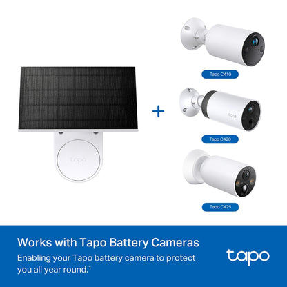 TP-Link Tapo A201 solcellepanel og tre Tapo batterikameraer, synligt TP-Link-logo.