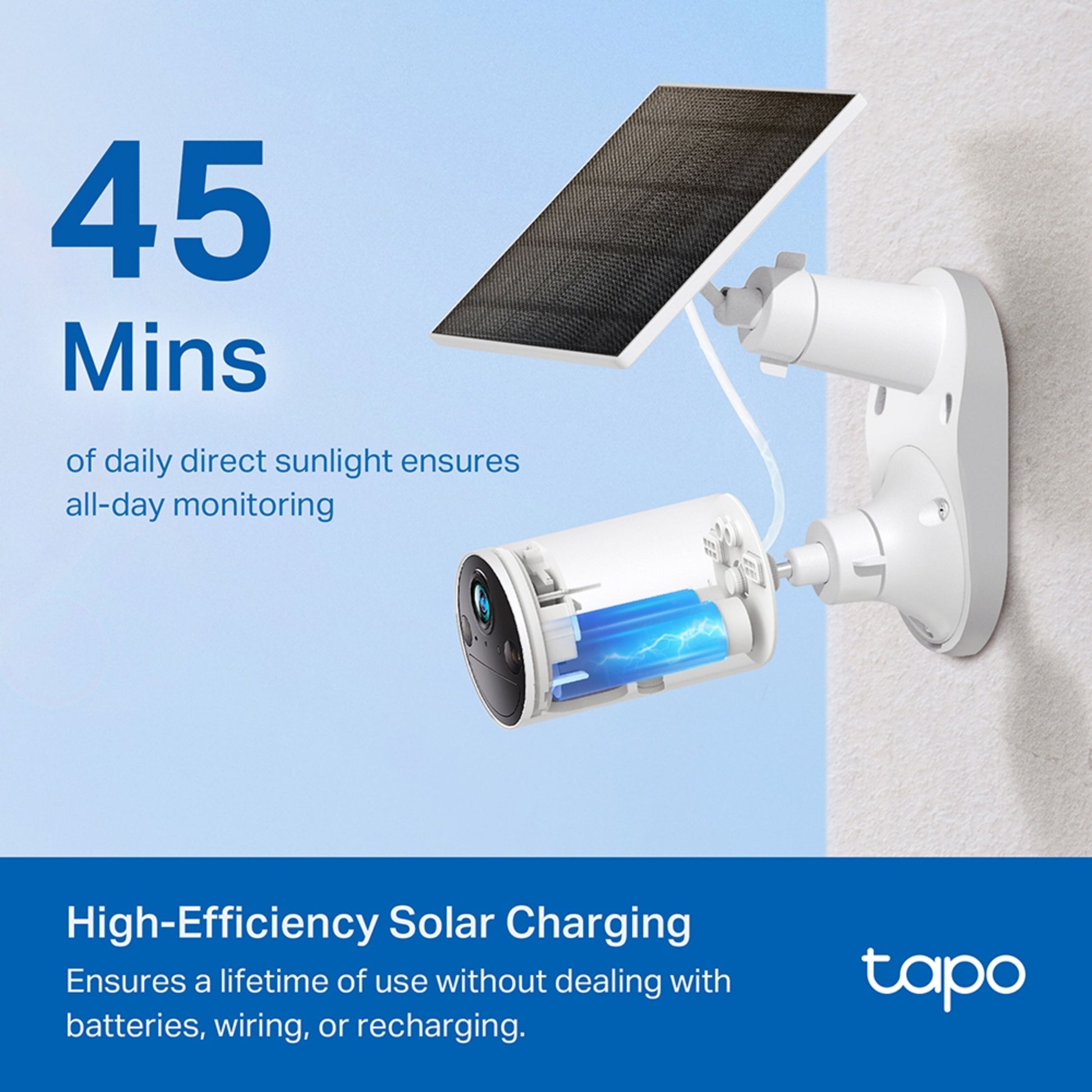 TP-Link Tapo A201 solcellepanel på væg til overvågningskameraer, strøm fra 45 min. sollys, uden batteri eller ledning.