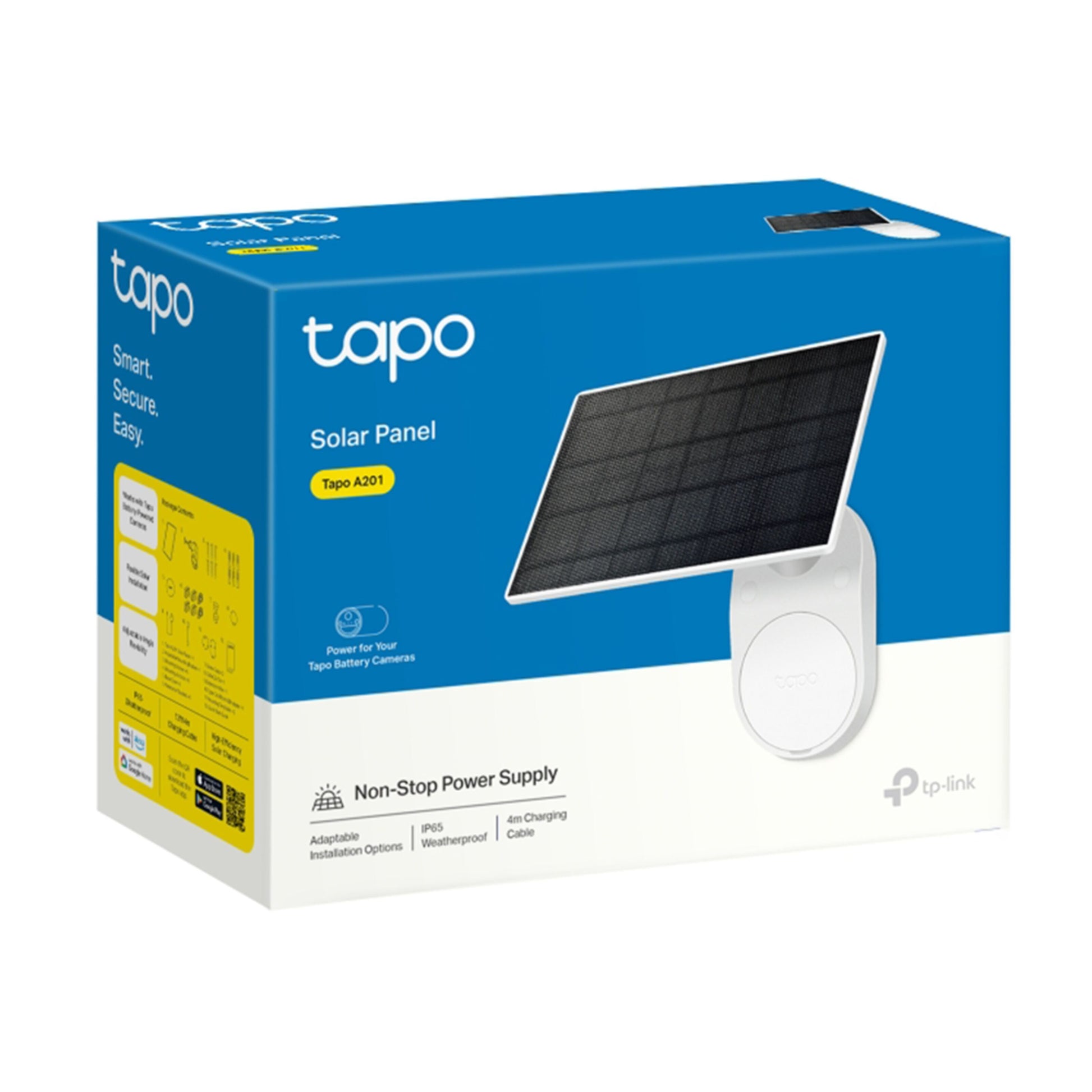 TP-Link Tapo A201 solcellepanel til overvågningskameraer, blå-hvid-gul æske med panel, montering og logo.