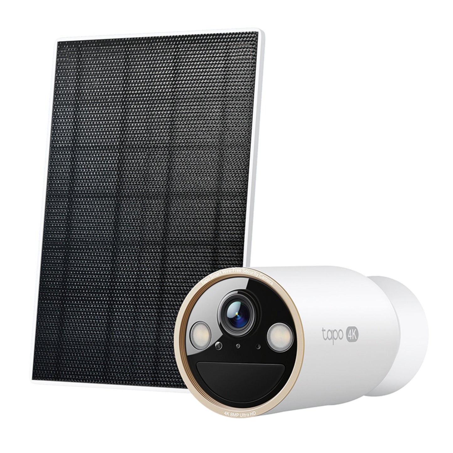 Tapo C460 4K Ultra HD batteridrevet udendørs overvågningskamera med gylden linsering, frontsensorer og sort solcellepanel.