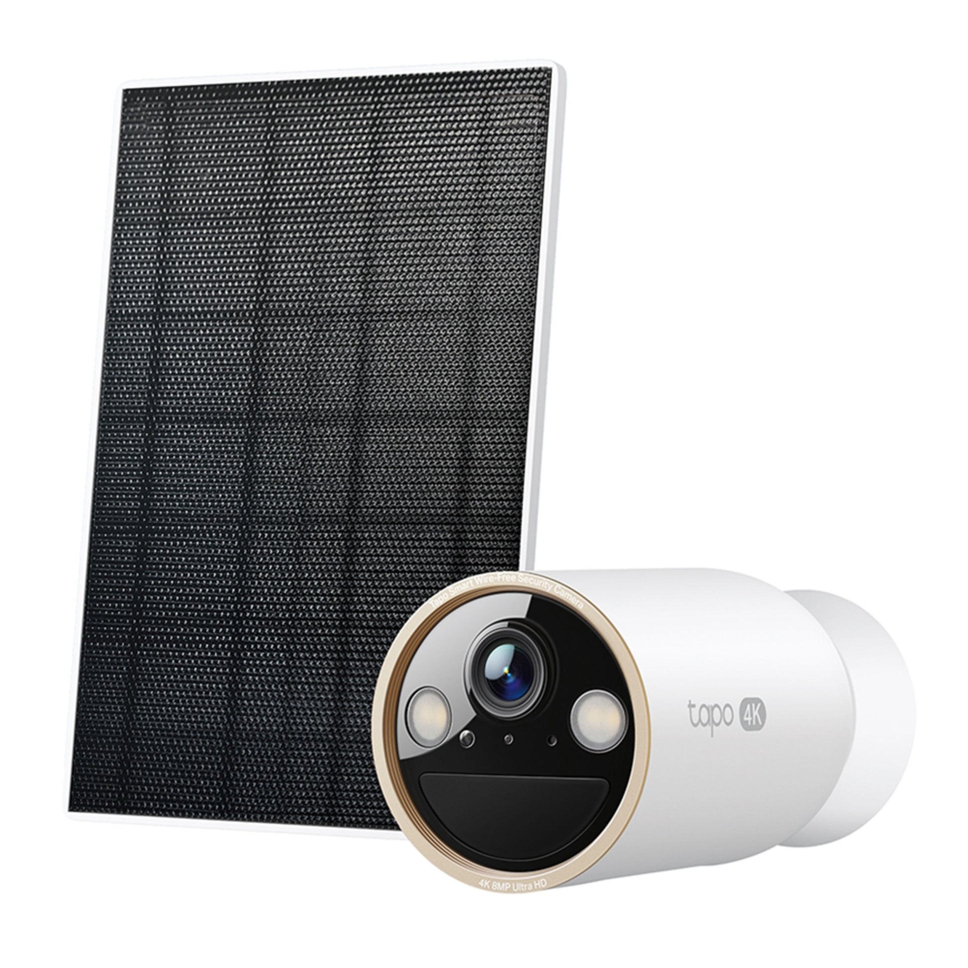 Tapo C460 4K Ultra HD batteridrevet udendørs overvågningskamera med gylden linsering, frontsensorer og sort solcellepanel.