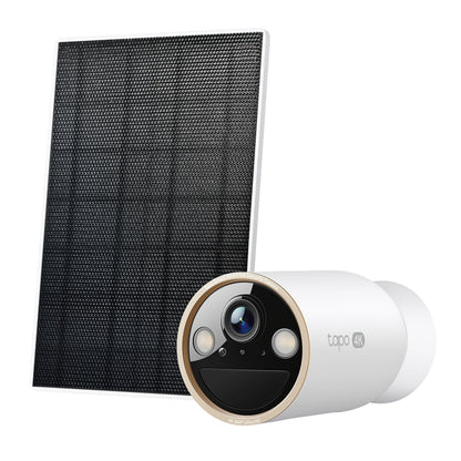 Tapo C460 4K Ultra HD batteridrevet udendørs overvågningskamera med gylden linsering, frontsensorer og sort solcellepanel.