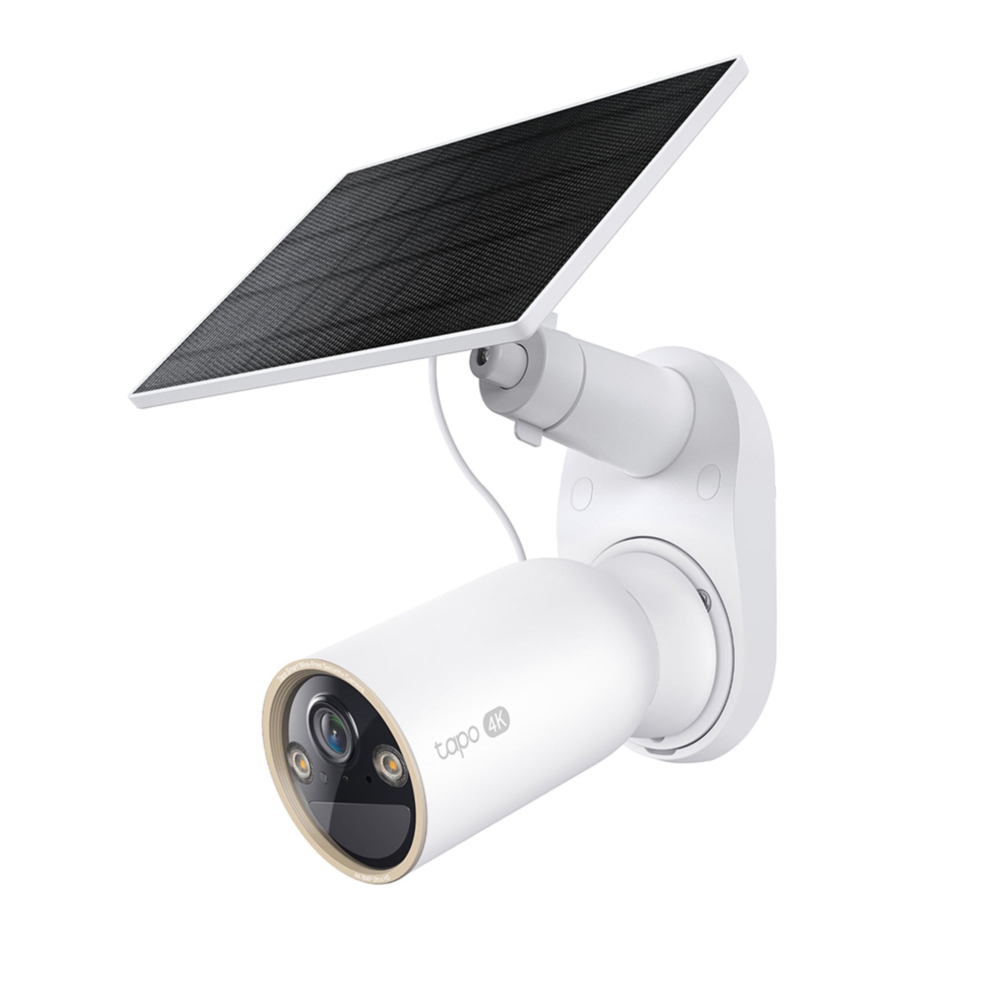 TP-Link Tapo C460 solcelle-kit batteridrevet 4K Ultra HD udendørs kamera på vægbeslag med tilhørende solpanel.